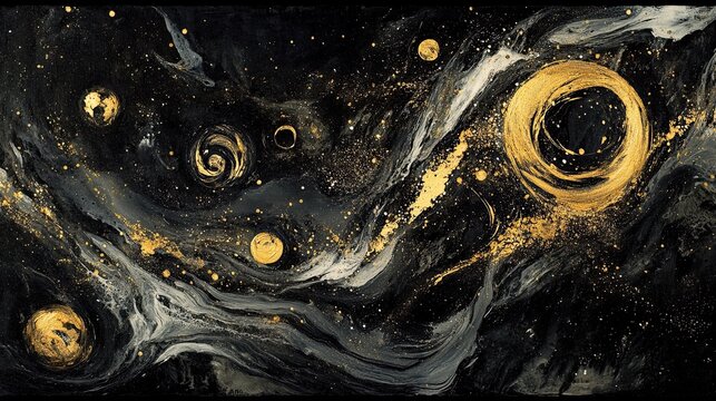 An atmospheric depiction of the cosmos featuring golden ring structures, small glowing spheres, and dark nebulous clouds