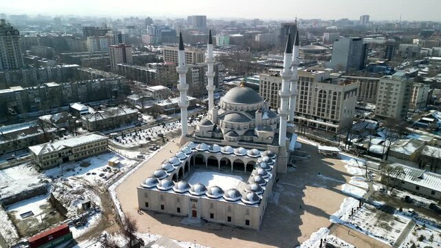 Imam Sarahsi Bishkek Central Mosque, drone long circling shot