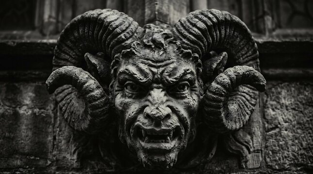 Gargoyle carved stone face on ancient building wall