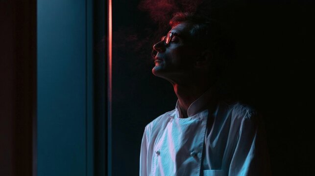 Man standing in front of a window, looking up towards the sky. he is wearing a white chef's jacket and glasses, and his hair is styled in a messy yet fashionable manner.