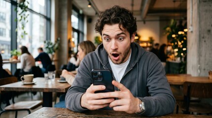 Fototapeta premium Surprised smartphone user discovering unexpected online news or message in a modern cafe, ideal for social media and technology concepts