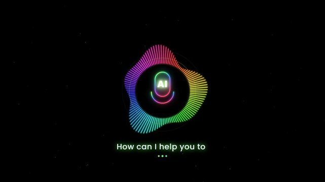 AI assistant interface animation with rainbow audio waveform sphere and chatbot text on dark screen