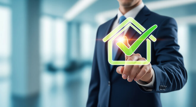 Property ownership certificate validation or home buying contract settlement completion tracking via virtual interactive panel with realtor touching neon green check mark interface icon