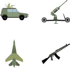 Obraz premium Set of various military equipment for army and air force operations, isolated on white