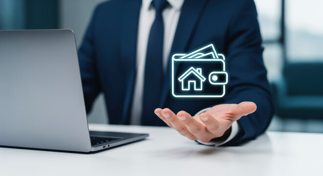Housing budget planning calculation or real estate investment fund allocation management via digital wallet application interface shown above realtor laptop desk