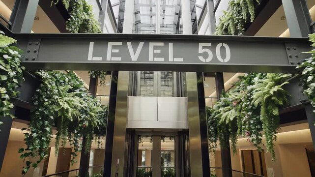 Modern hotel atrium interior with hanging plants and glass elevators.