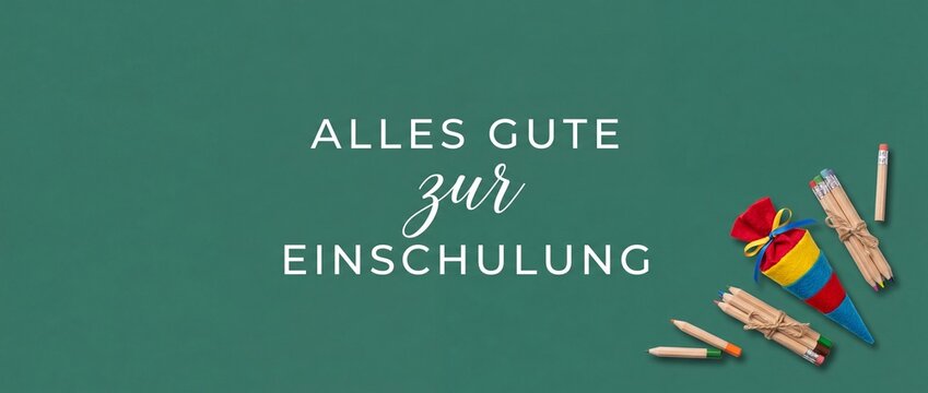 Einschulung Hintergrund mit Schult&uuml;te und Buntstiften auf gr&uuml;ner Tafel f&uuml;r Schulanfang, Gl&uuml;ckwunschkarte zum ersten Schultag, Alles Gute zur Einschulung Gru&szlig;karte, breites Banner-Format, Schul-Dekor!
