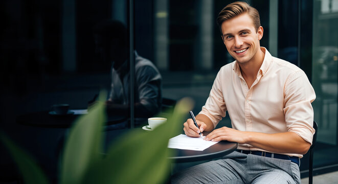 Mindset reset during free time turns journaling into self analysis, helping a smiling person explore habit change, psychology themes and inner balance away from workplace pressure and daily stress