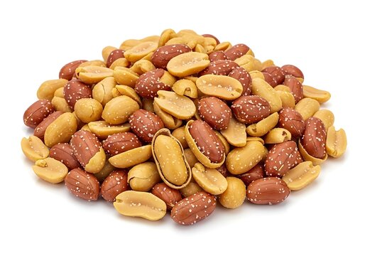 A generous pile of salted peanuts in shell with varying shades of brown and yellow on a white background