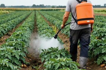 Fototapeta premium Man sprays potato crop with liquid from backpack sprayer. Farmer works in field treating plants against pests and diseases with agricultural chemicals for healthy harvest.