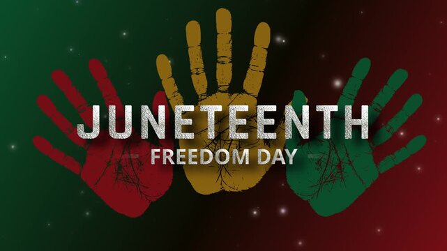 Juneteenth Freedom Day silver grunge text animation with Pan African coloured handprints, Glowing particles and a vibrant red and green background.