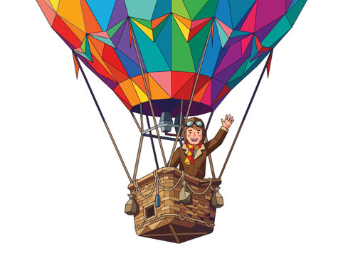 Colorful low poly hot air balloon illustration on white background for travel and adventure concepts