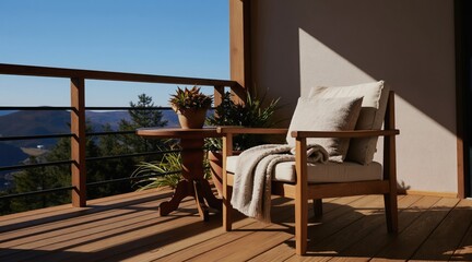 Obraz premium Wooden chair and table on balcony with mountain view. Sunny day with clear blue sky. Cozy outdoor seating area for relaxation and quiet enjoyment.