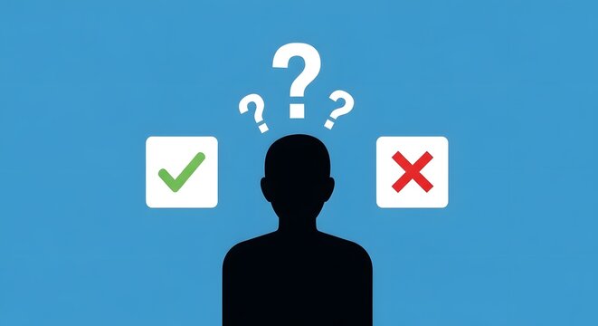 Silhouette of a person with question marks and check signs