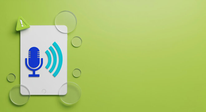 Voice message recording error or speech recognition privacy issue alerts on smart device screen showing warning icon with audio wave symbol for security breach application troubleshooting