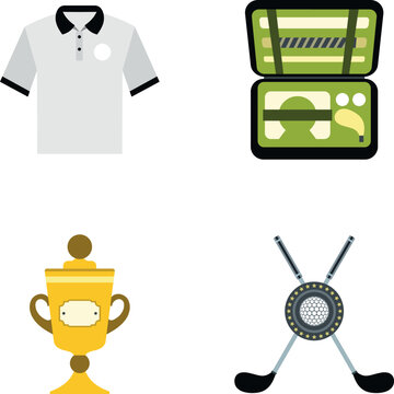 Set of golf championship elements including shirt, bag, clubs, ball, and winner's trophy