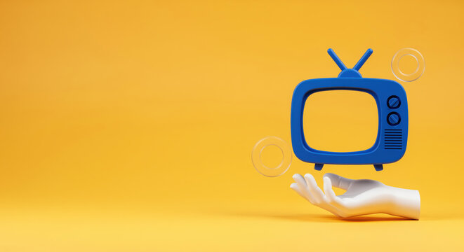 Digital media streaming service or interactive television content selection on demand concept, featuring human hand sculpture floating beneath blue vintage monitor icon