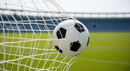 Naklejka premium Black and white soccer ball flying into net with blurred stadium in background.