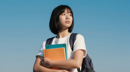Obraz premium Young Korean girl student with backpack holds books. She looks away with thoughtful expression against clear blue sky. Ready for academic success and learning.