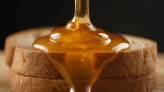 Golden, viscous honey gracefully drizzling onto soft, fluffy white bread, creating a visually appealing and delicious natural breakfast or snack, symbolizing pure sweetness and simple pleasures
