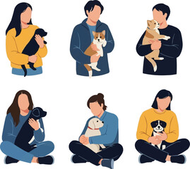 Fototapeta premium Set of People Holding and Cuddling Cute Dogs and Cats Pet Owners with Animals Flat Character Vector Illustration