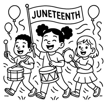 Cartoon Children Juneteenth Parade with Drums and Banner Line Art