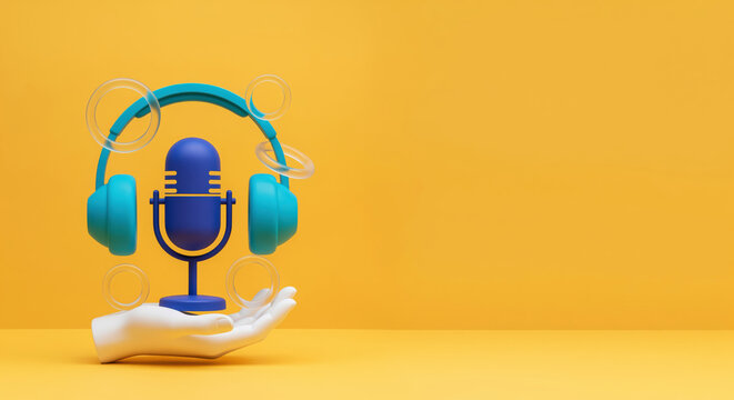 Audio podcast broadcasting template with microphone and headphone graphics for talk show advertising campaigns or online interview stream backdrop layouts with copy space