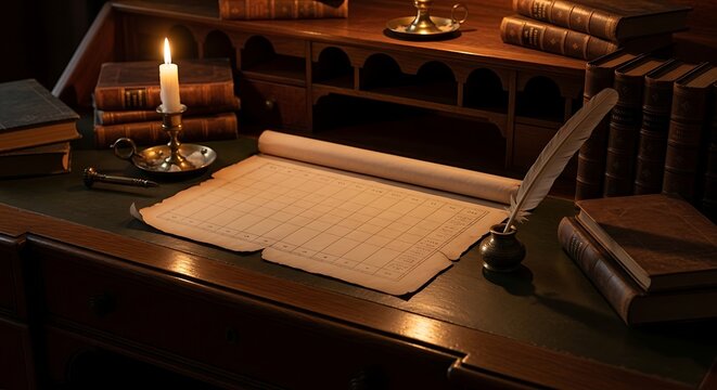 Blank table chart on vintage parchment scroll with quill and candle