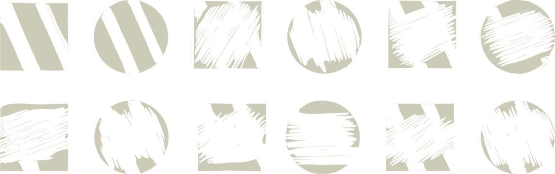 Abstract white  brush stroke geometric shapes set with hand drawn texture and artistic sketch effect. Modern creative design elements for branding projects. Minimal vector style collection.