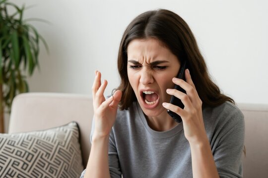 Young woman yells into cellphone with angry face and raised hands. Frustrated female argues loudly on phone call, feels stress and irritation. Indoor home setting with couch.