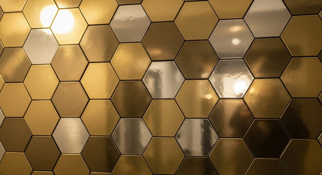 Abstract geometric hexagonal wall tiles in metallic gold and silver with reflective surfaces and warm ambient lighting, creating a luxurious and modern texture.