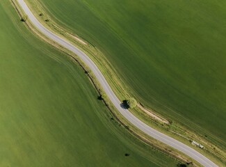 Obraz premium Drone view of winding road through lush green fields in spring. Empty asphalt path cuts across vast agricultural land. Scenic countryside journey provides transport.