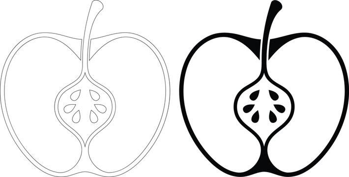 Sliced apple outline and filled silhouette on white background