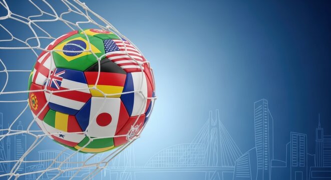 Global soccer ball covered in world flags entering goal net on blue background.