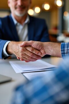 Business partners shaking hands over documents during meeting