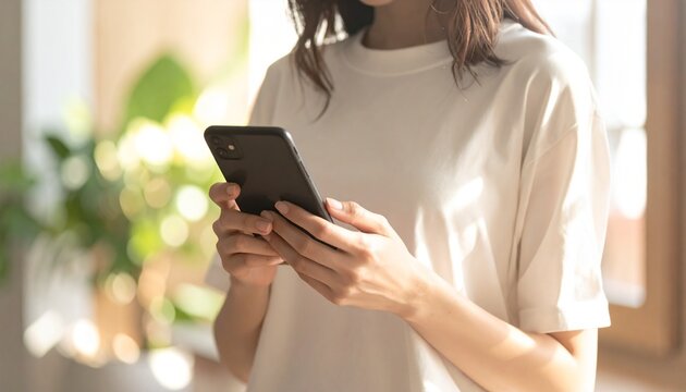 健康アプリを片手でスクロールする日本人・リビング室内・顔なし胸元構図 / Japanese Person One-Hand Scrolling Health Wellness App &mdash; Chest-Up Frame, Face Excluded, Soft Living Room Bokeh, Healthcare Digital Lifestyle, Natural Light