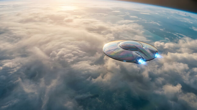 Futuristic disc-shaped spacecraft with glowing blue thrusters flying above a vast cloudscape with the Earth's curvature visible under a bright sun.