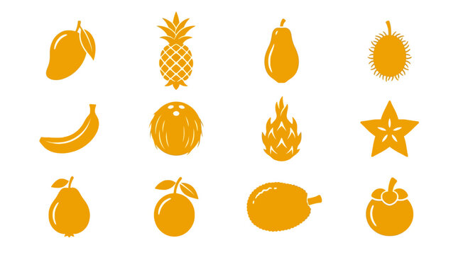 Flat silhouette vector icon set of 12 tropical fruits  mango silhouette  pineapple silhouette  papaya silhouette  banana silhouette  coconut silhouette  dragon fruit silhouette  guava silhouette  