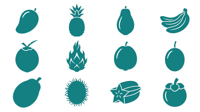 Flat silhouette vector icon set of 12 tropical fruits  mango silhouette  pineapple silhouette  papaya silhouette  banana silhouette  coconut silhouette  dragon fruit silhouette  guava silhouette  