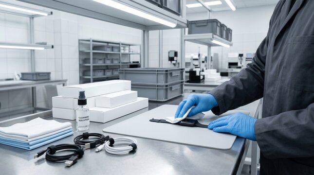 Returned wearable tech cleaning station in premium reverse logistics lab
