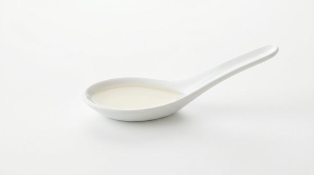 Clear consomme tasting spoon in clinical white setting