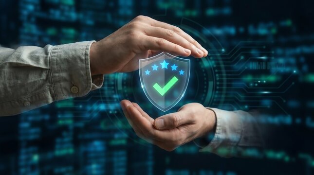 Professional Hands Shielding a Glowing Digital Security Badge Symbolizing Cyber Data Protection and Verified Quality Assurance