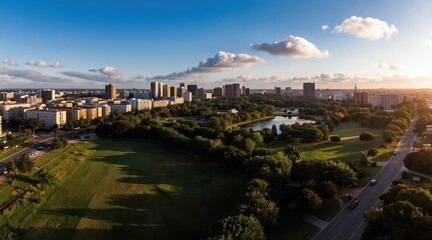 Obraz premium Aerial view of city skyline with large park and lake in foreground. Buildings rise beyond green trees and open grassy areas under bright blue sky with fluffy clouds during golden hour sunlight.