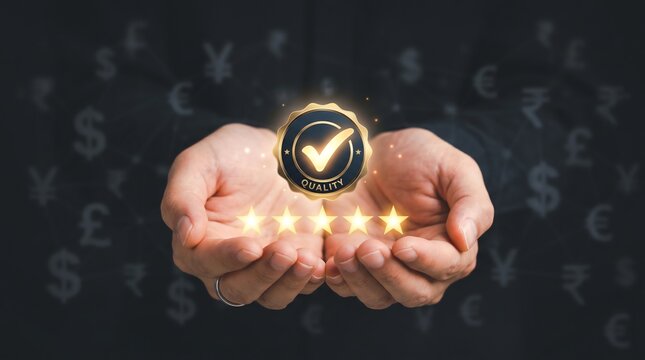 Customer satisfaction and quality assurance represented by hands holding a five-star rating and checkmark badge