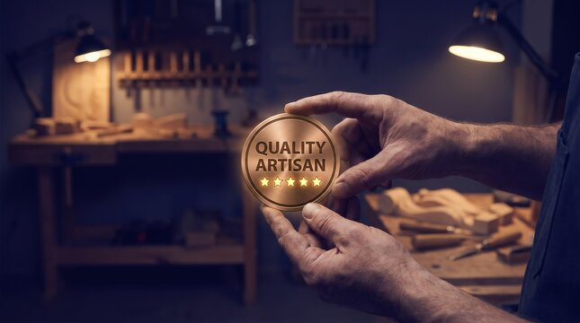Craftsmanship excellence recognized with a golden badge of quality by a skilled artisan in a workshop setting