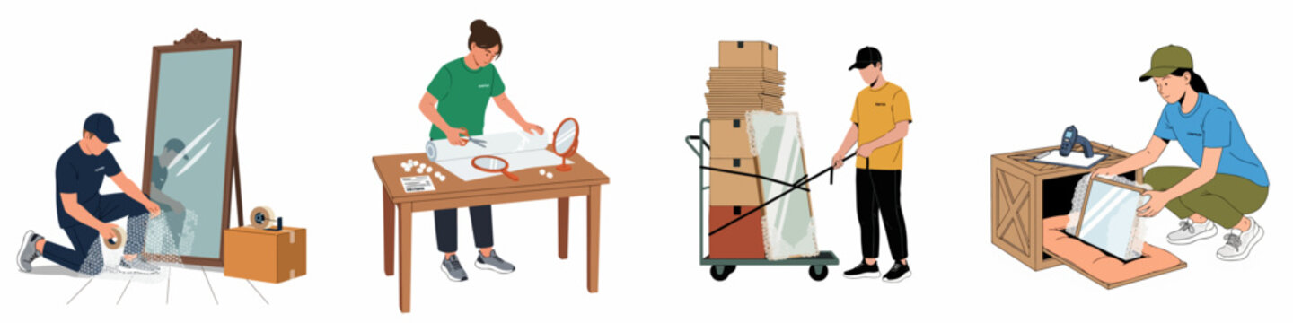 Illustration set showing professional movers and packers carefully wrapping, securing, and crating fragile mirrors for safe transport during a relocation service.