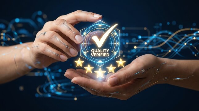 Hands presenting a glowing 'Quality Verified' badge with five golden stars, symbolizing excellence, high standards, and customer satisfaction in a futuristic digital setting