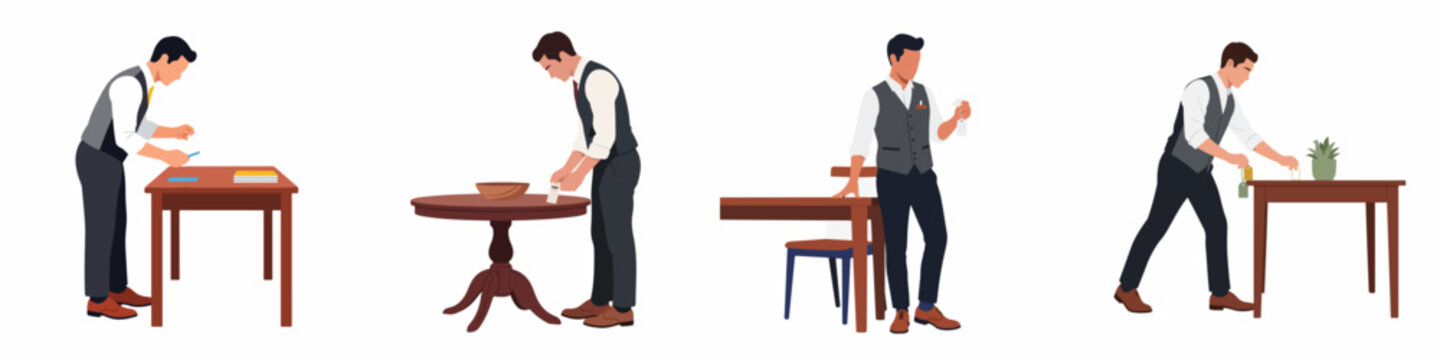 Set of vector illustrations featuring a male interior designer or store clerk arranging and tagging furniture in a showroom.