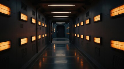 Fototapeta premium Dark futuristic corridor with glowing panels and reflective floors. Sci-fi spaceship hallway interior with metallic walls. Dimly lit tunnel evokes mystery and advanced technology.