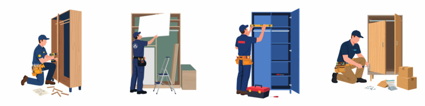 Set of flat vector illustrations featuring professional handymen and furniture assemblers installing wardrobes and cabinets with various tools on a white background.